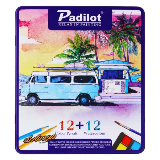 مداد رنگی 12 رنگ +12 ابرنگ جعبه فلزی تخت طرح ماشین پادیلوت Padilot