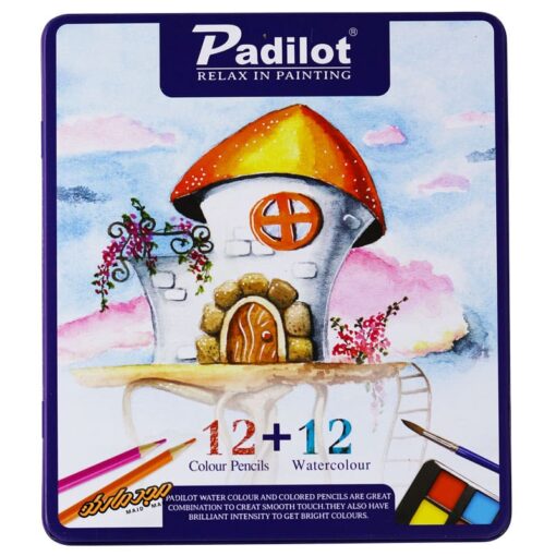 مداد رنگی 12 رنگ +12 ابرنگ جعبه فلزی تخت طرح قارچ پادیلوت Padilot