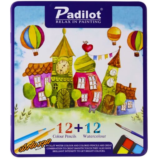 مداد رنگی 12 رنگ +12 ابرنگ جعبه فلزی تخت طرح خونه پادیلوت Padilot