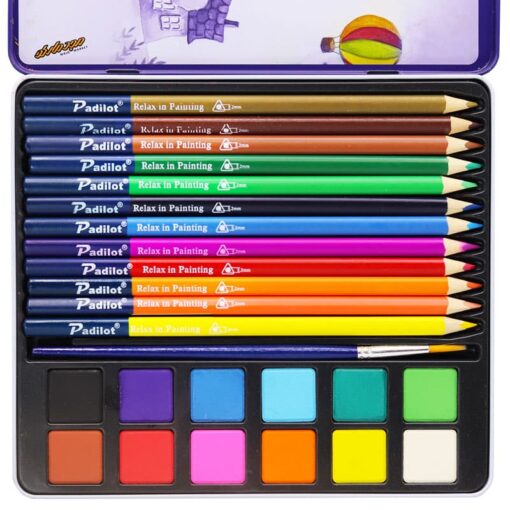 مداد رنگی 12 رنگ +12 آبرنگ جعبه فلزی تخت طرح خونه پادیلوت Padilot