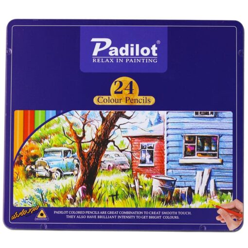 مداد رنگی 24 رنگ جعبه فلزی تخت طرح خونه روستایی پادیلوت Padilot