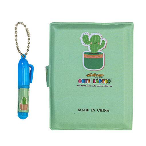 دفترچه یادداشت فانتزی همراه با خودکار سبز کمرنگ طرح کاکتوس