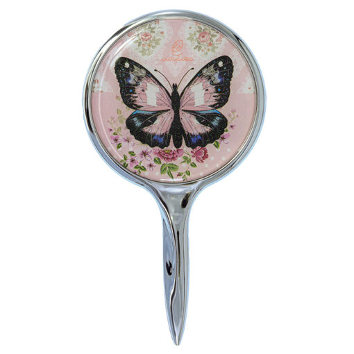 آینه دسته دار (آرایشی) فانتزی صورتی طرح پروانه مشکی