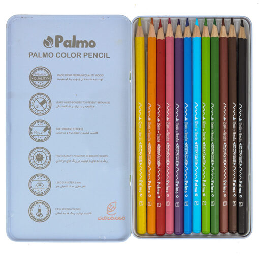 مداد رنگی 12 رنگ جعبه فلزی تخت طرح برکه پالمو Palmo