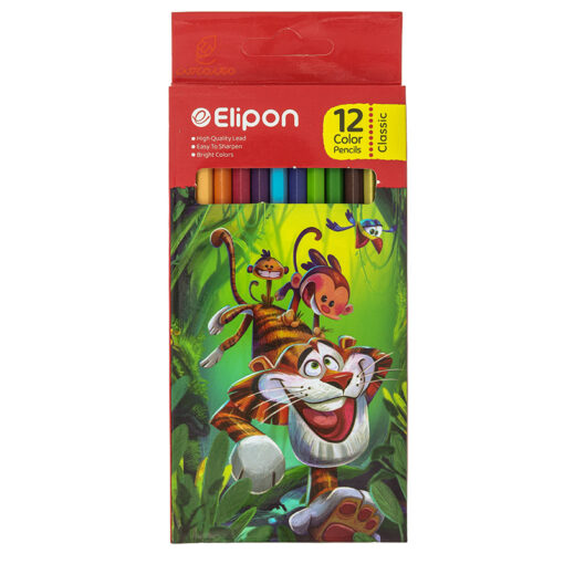 مداد رنگی 12 رنگ جعبه مقوایی تخت طرح پلنگ الیپون Elipon