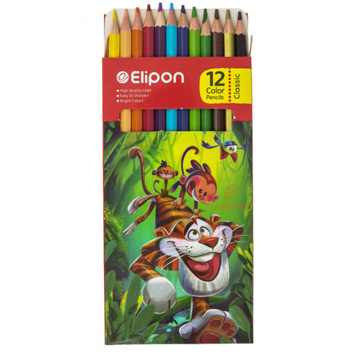 مداد رنگی 12 رنگ جعبه مقوایی تخت طرح پلنگ الیپون Elipon