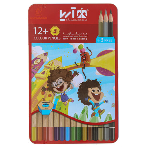 مداد رنگی 3+12 رنگ جعبه فلزی تخت طرح پسر موفرفری آریا Arya