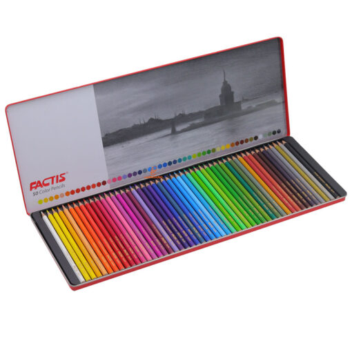 مداد رنگی 50 رنگ جعبه فلزی طرح شهر ساحلی فکتیس Factis