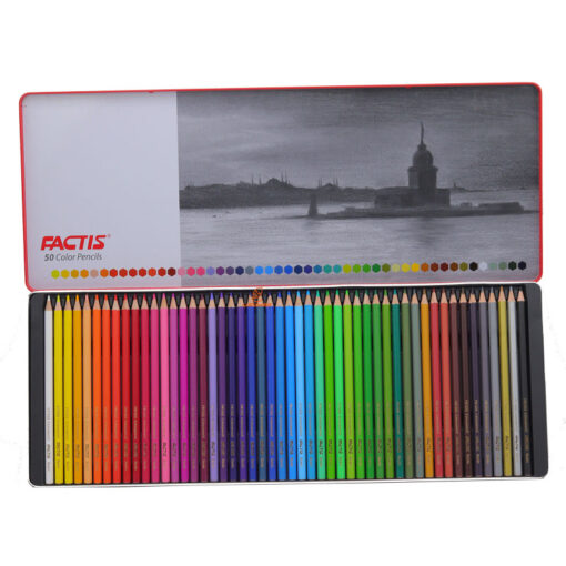 مداد رنگی 50 رنگ جعبه فلزی طرح شهر ساحلی فکتیس Factis