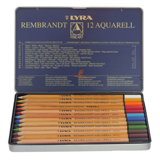 مداد رنگی آبرنگی 12 رنگ جعبه فلزی مدل Rembrandt Aquarell لیرا Lyra